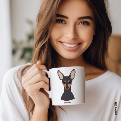 Explore the Love Dogs Collection: Woman Holds Unique  Pinscher dog Design on a White 11oz Ceramic Mug, Exclusively at Motiva Gifts. Savor Your Coffee with Style