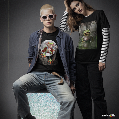 Couple wearing black Shirt featuring a design of a poison dart frog wearing a vampire Halloween and zombie frog