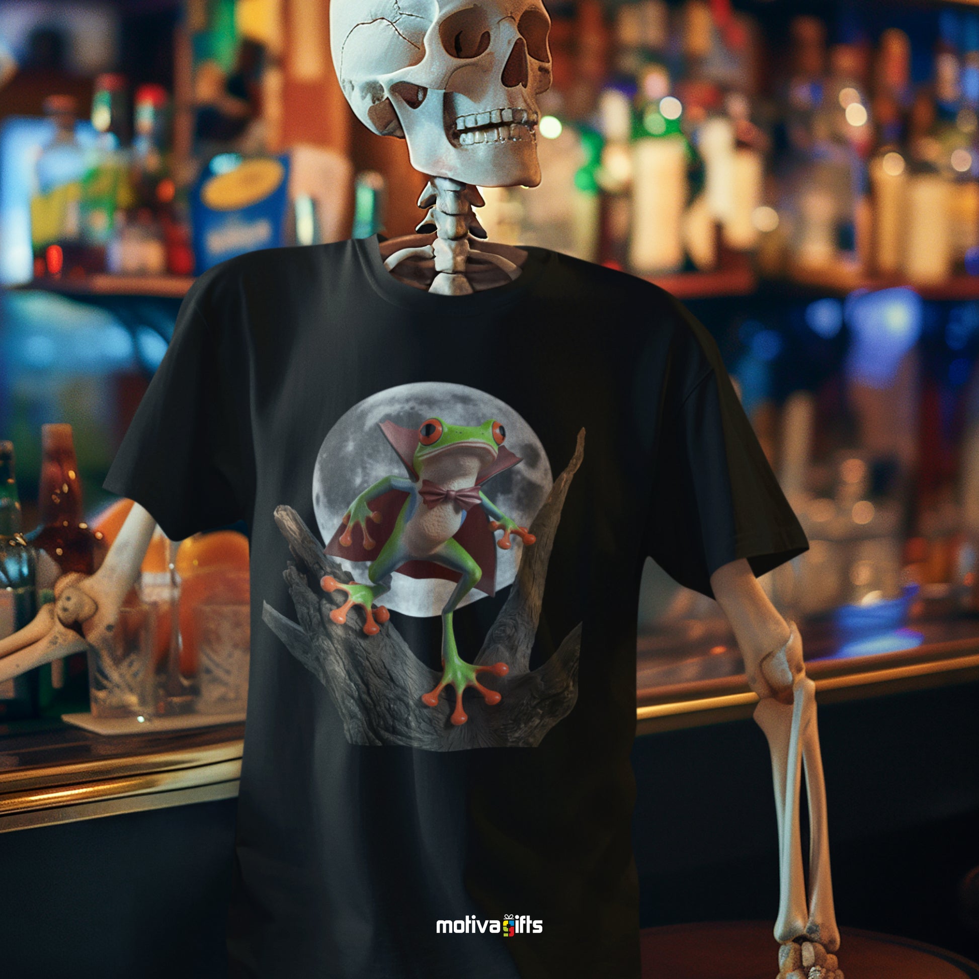 Skeleton wearing a black Shirt featuring a design of a poison dart frog wearing a vampire Halloween 