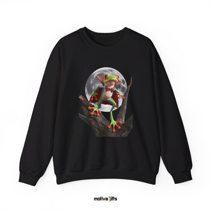 Unisex black sweatshirt featuring a design of a poison dart frog wearing a vampire Halloween 