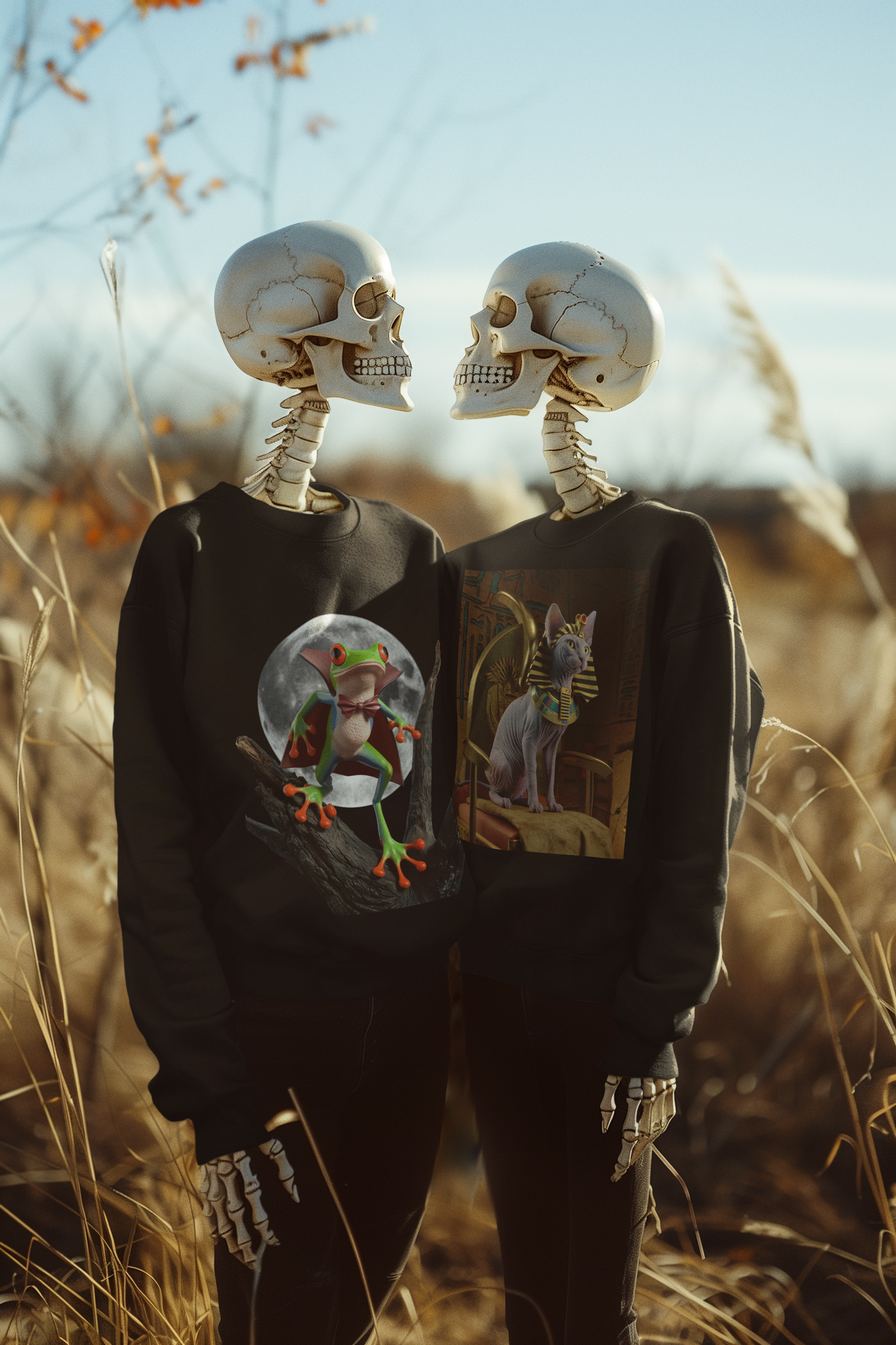 Skeleton couple wearing a black sweatshirt featuring a design of a poison dart frog wearing a vampire Halloween and Sphynx Cat Pharaoh