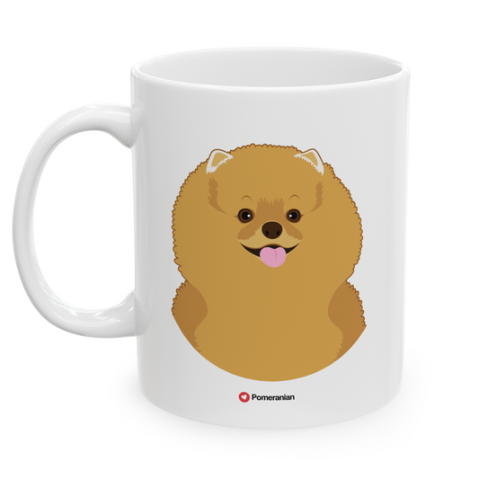 Left view white ceramic 11 oz mug featuring a drawing of a Pomeranian Dog. Clean white background.