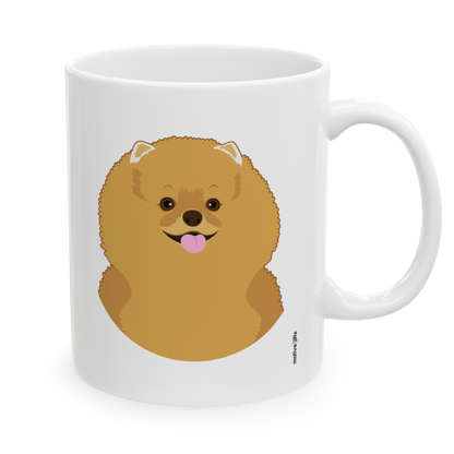 Right view white ceramic 11 oz mug featuring a drawing of a Pomeranian Dog. Clean white background.