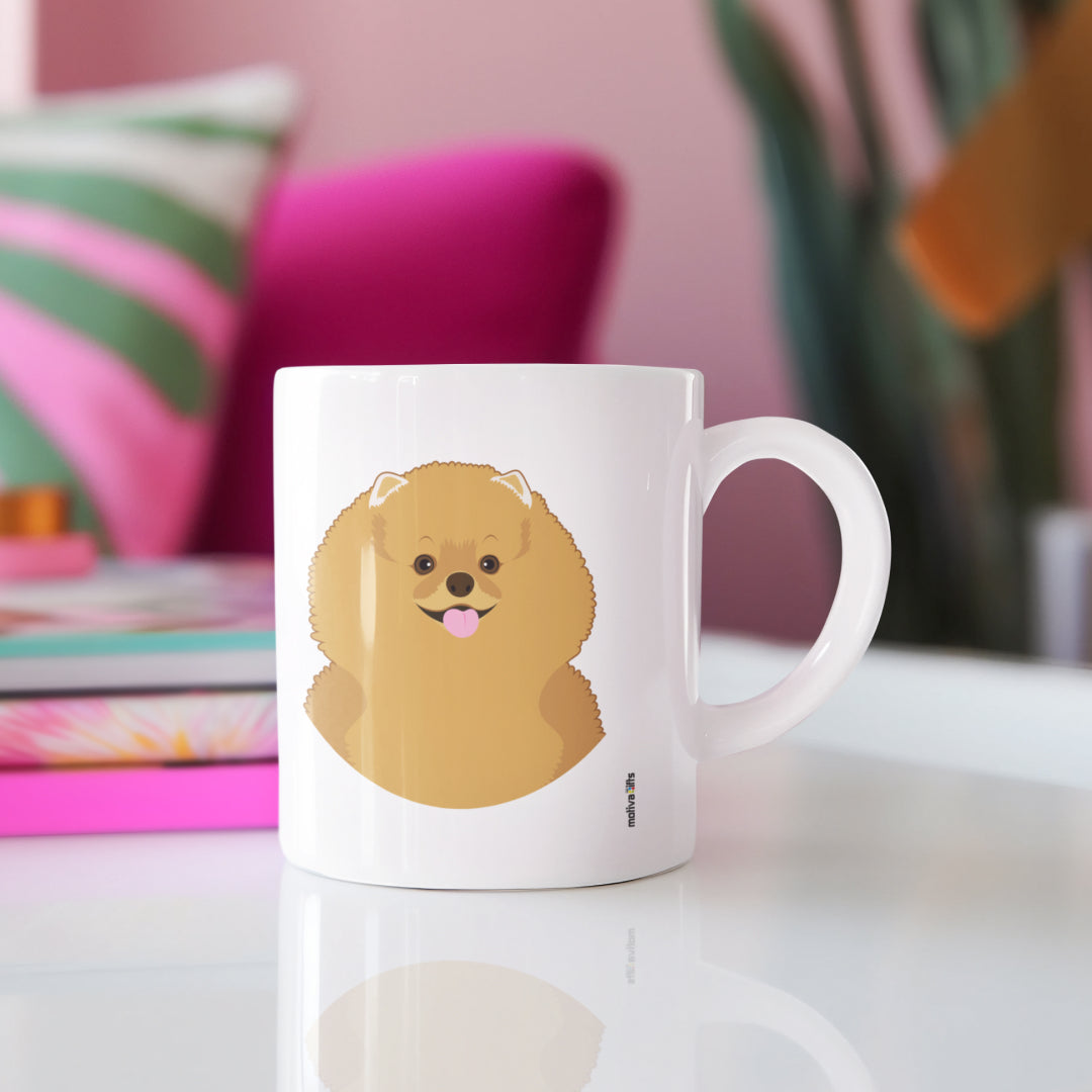 Pomeranian Love Dogs White 11 oz Ceramic Mug, featuring a modern table in a relaxing living room.