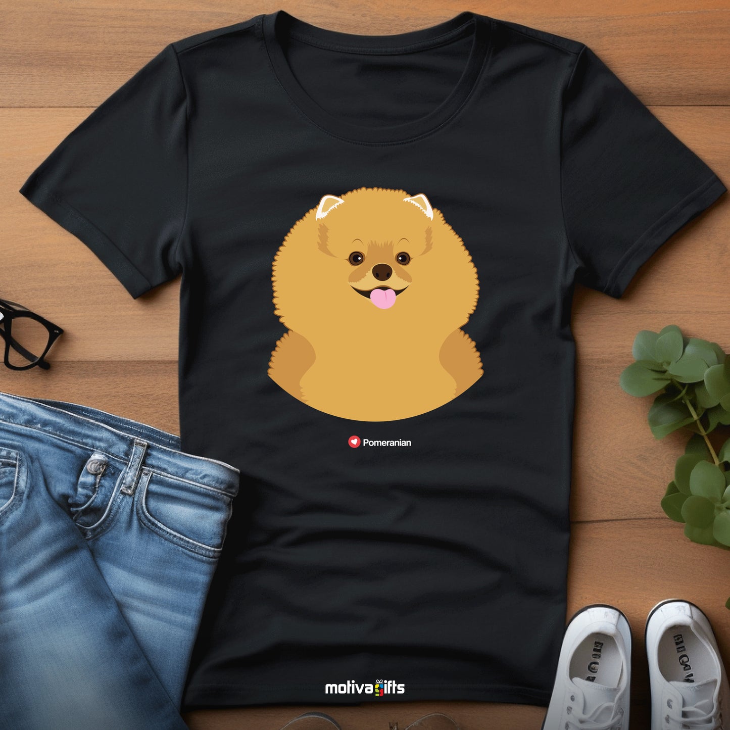 Flatlay, tshirt Black with Pomeranian design on the front, front view, by Motiva Gifts.