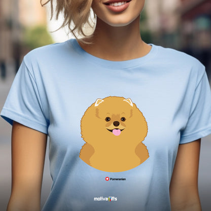 Woman wearing light blue tshirt with Pomeranian design on the front, front view, by Motiva Gifts.