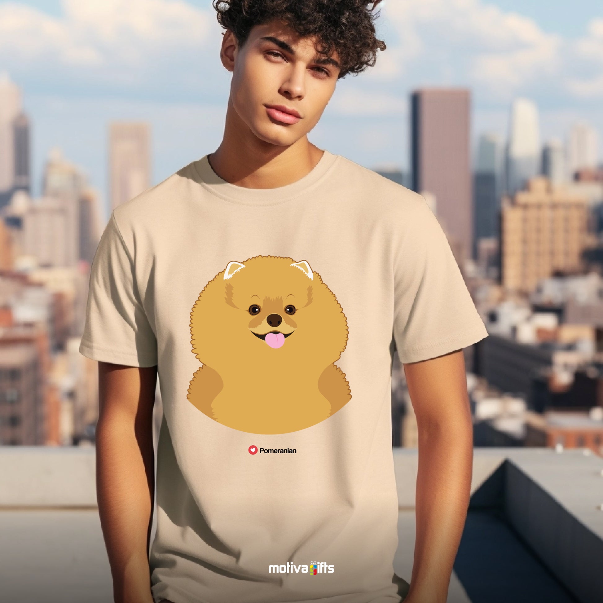 Man wearing sand tshirt with Pomeranian on the front, front view, by Motiva Gifts.