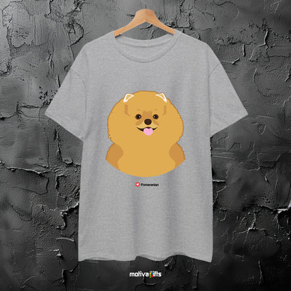 Flatlay, tshirt sport gray with Pomeranian design on the front, front view, by Motiva Gifts.