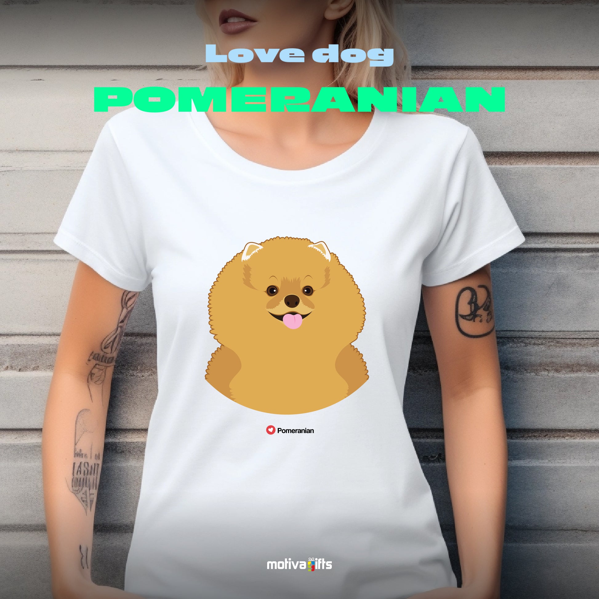 Woman wearing white tshirt with Pomeranian design on the front, front view, by Motiva Gifts.