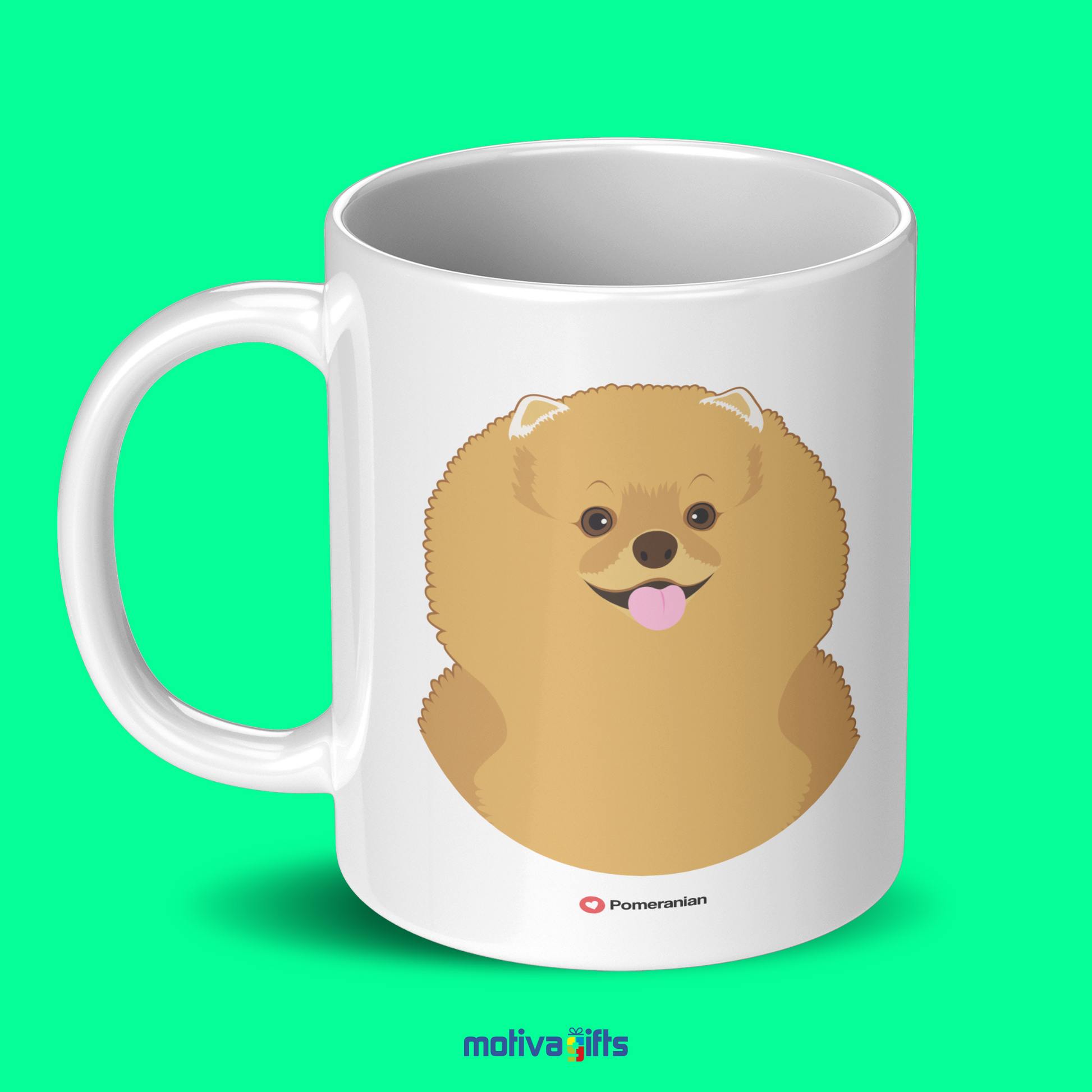 Discover the Love Dog Collection at Motiva Gifts - Featuring a Pomeranian design, 11 oz Ceramic Mug. Our white ceramic mug is perfect for both hot and cold beverages, and it is dishwasher, microwave safe. Available at Motiva Gifts - Shop Now!