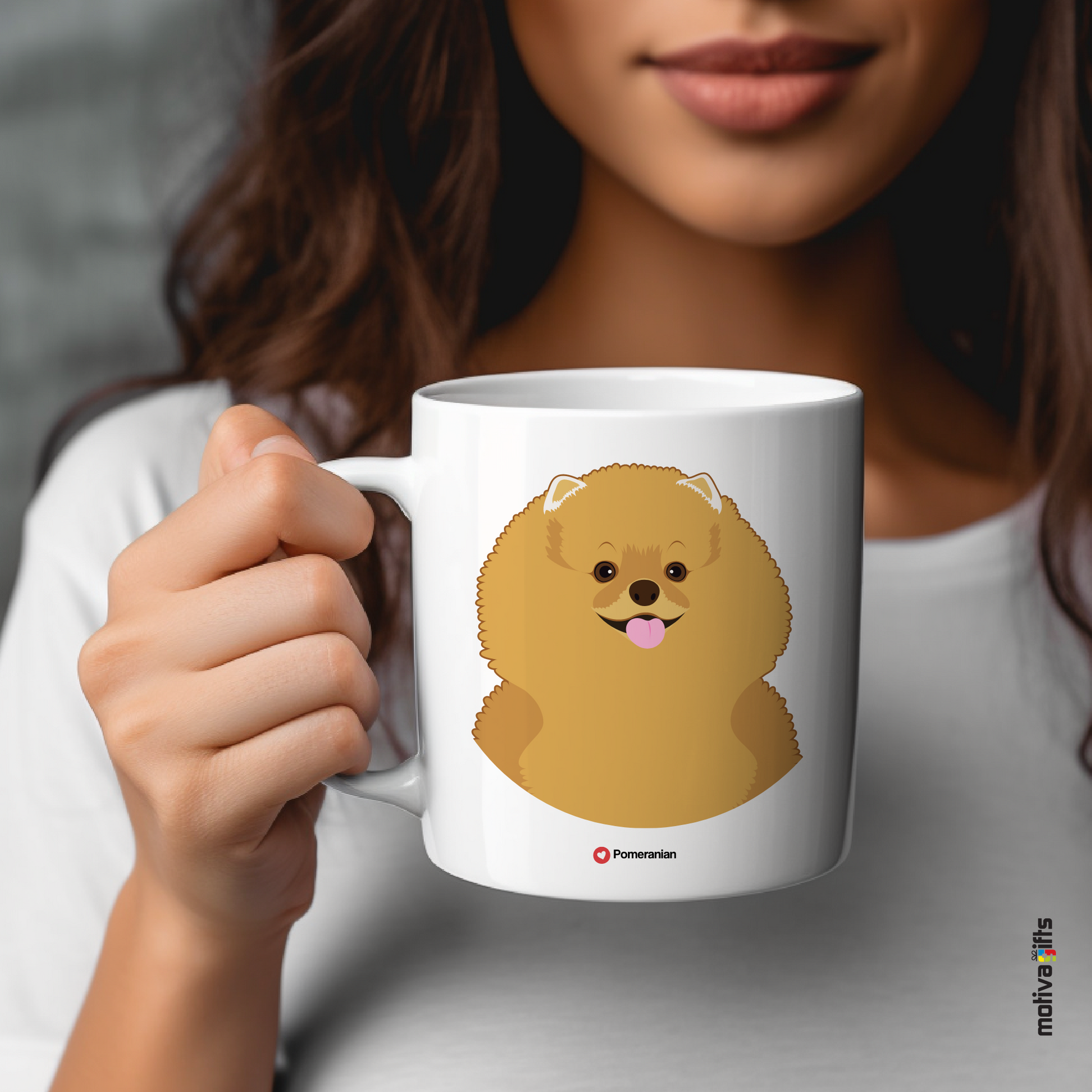 Explore the Love Dogs Collection: Woman Holds Unique Pomeranian  dog Design on a White 11oz Ceramic Mug, Exclusively at Motiva Gifts. Savor Your Coffee with Style!