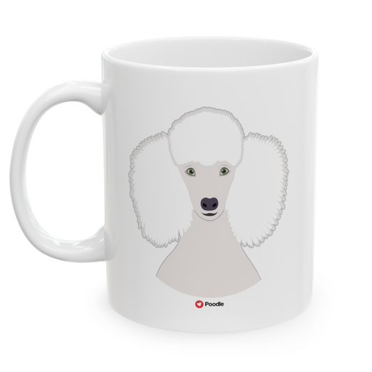 Left view white ceramic 11 oz mug featuring a drawing of a Poodle Dog. Clean white background.