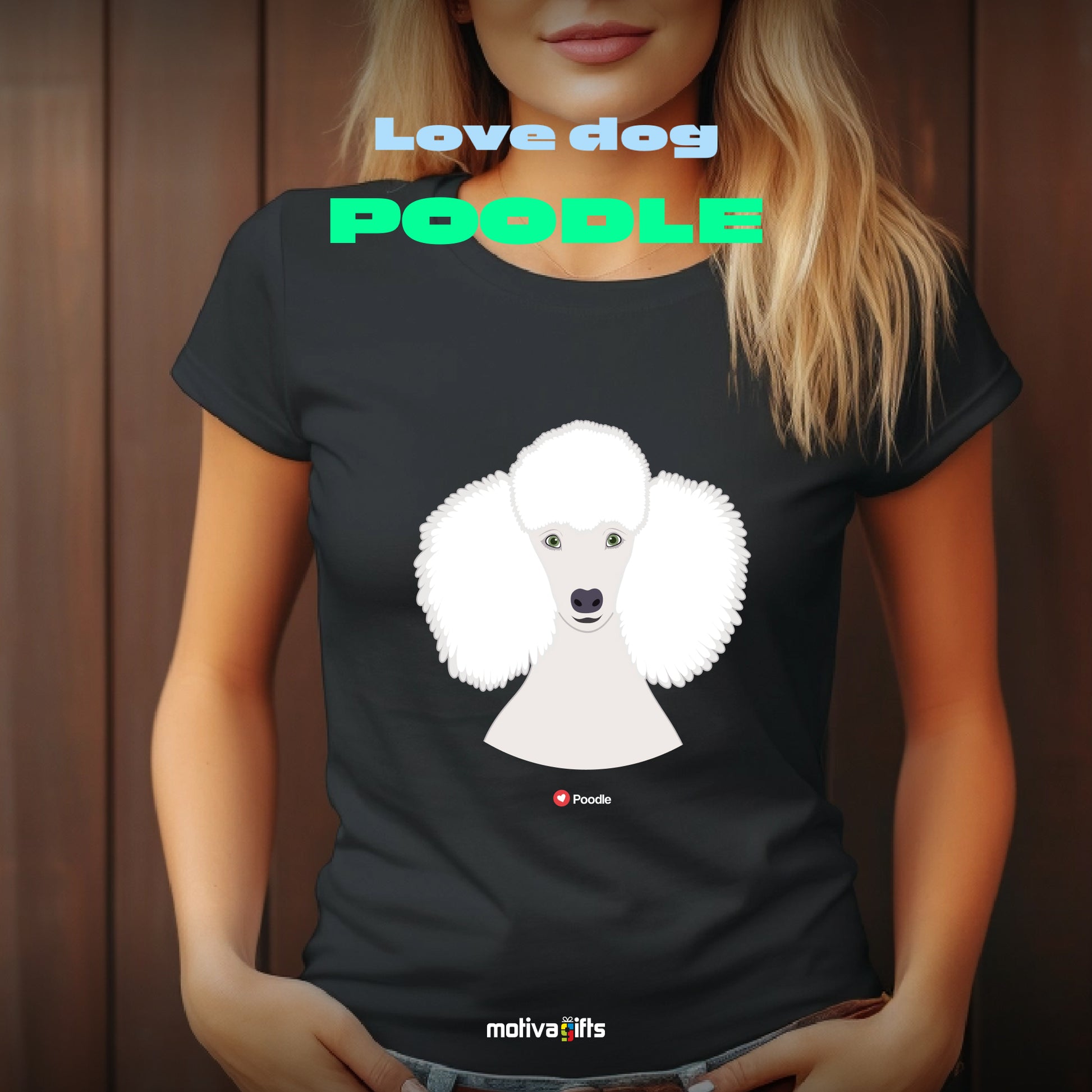 Woman wearing black tshirt with Poodle design on the front, front view, by Motiva Gifts.