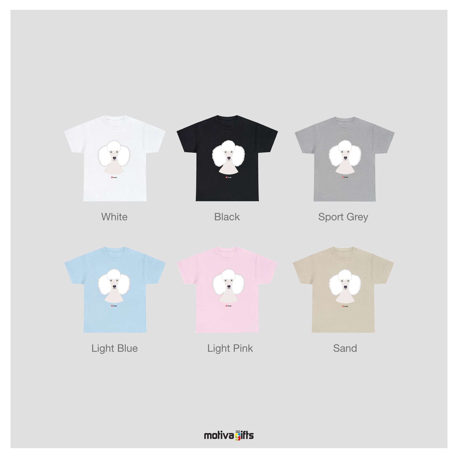 Colour chart display mockup of white, black, sport grey light blue, light pink, and sand tshirt.