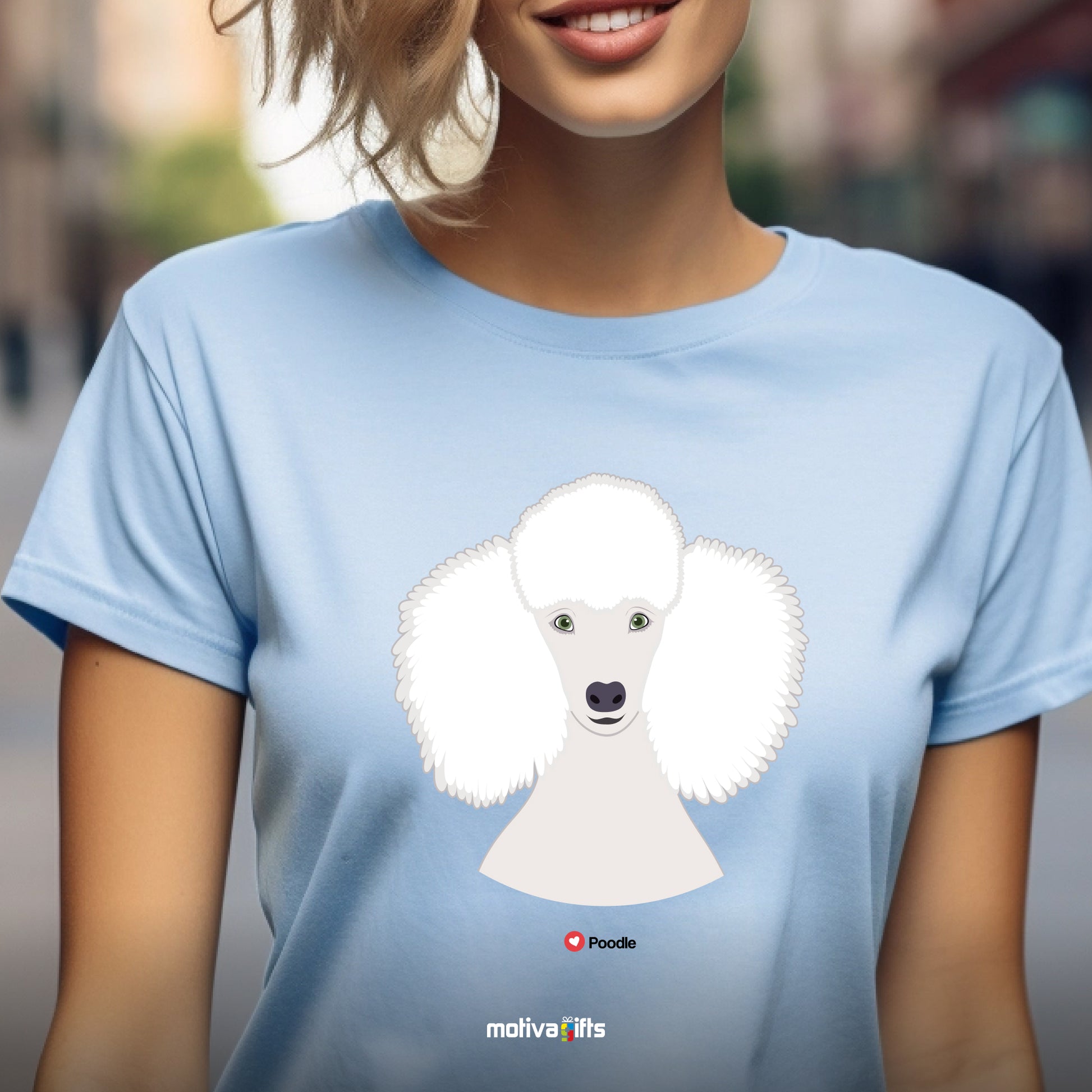 Woman wearing light blue tshirt Poodle design on the front, front view, by Motiva Gifts.