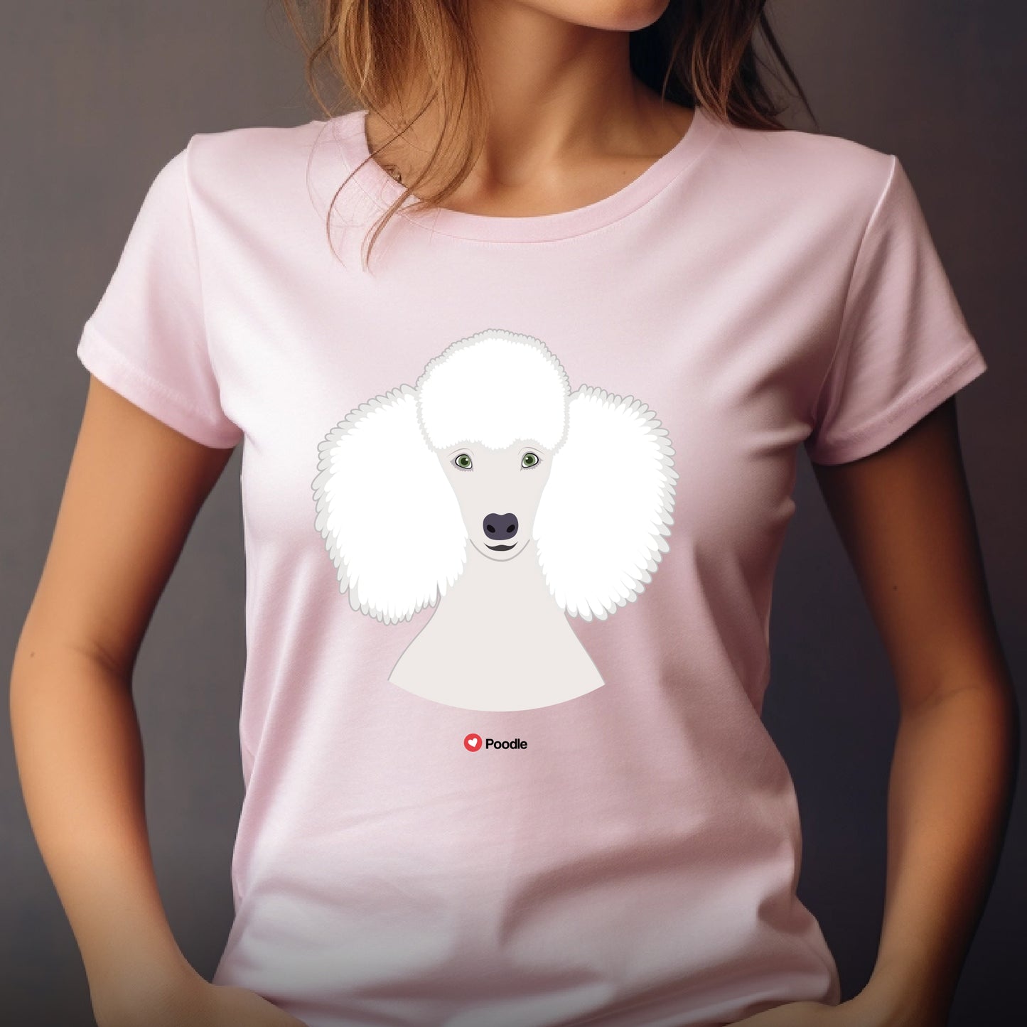 Woman wearing light pink Poodle design on the front, front view, by Motiva Gifts.