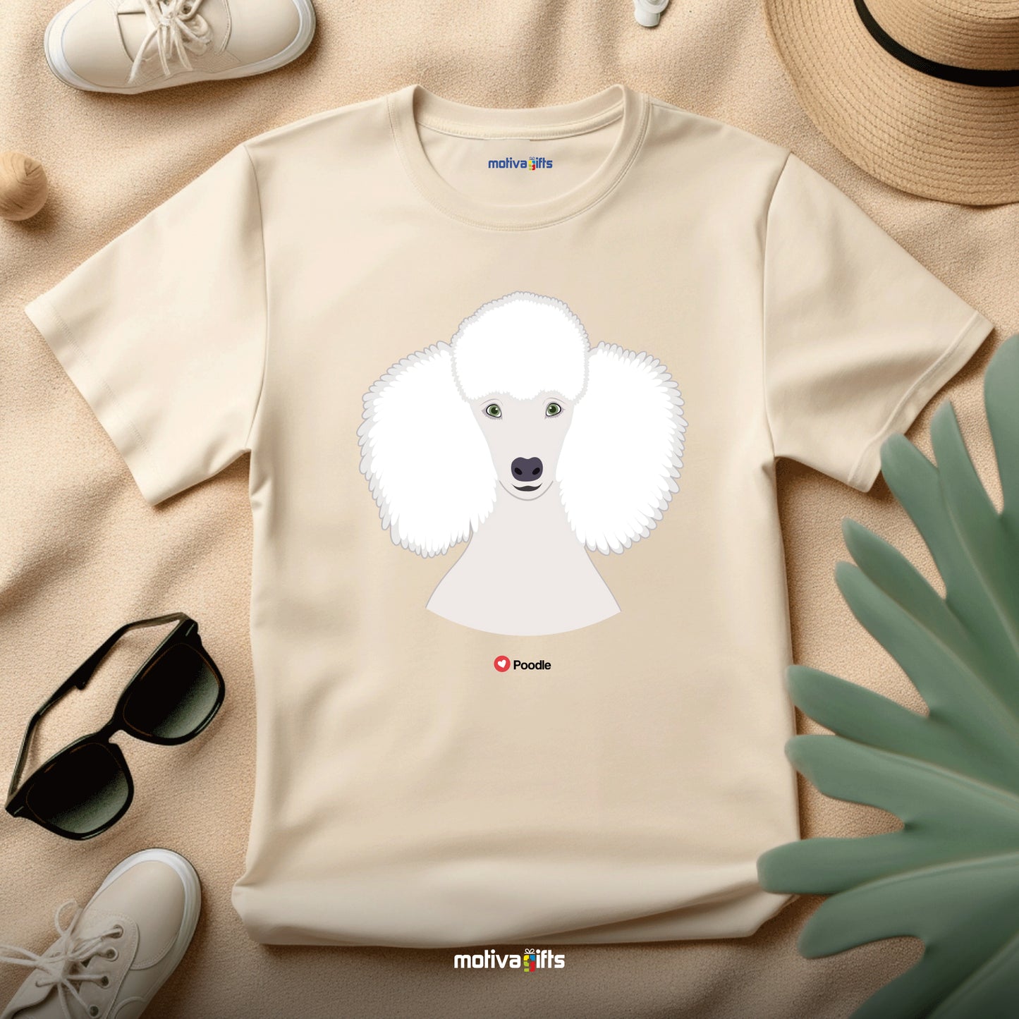 Flatlay, sand tshirt with Poodle design on the front, front view, by Motiva Gifts.