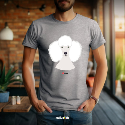 Man wearing sport gray tshirt with Poodle design on the front, front view, by Motiva Gifts.