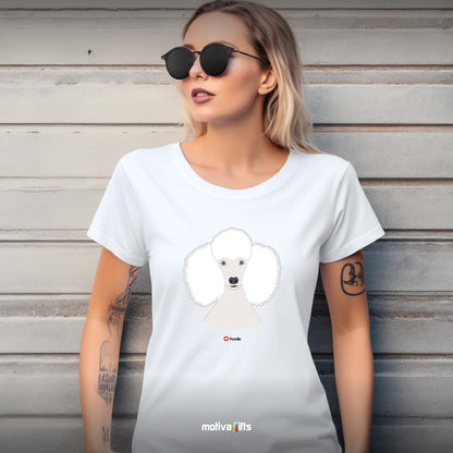 Woman wearing white tshirt with Poodle design on the front, front view, by Motiva Gifts.