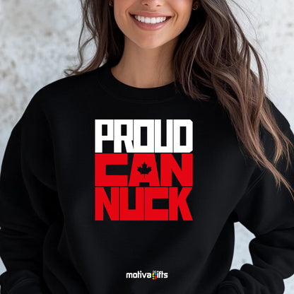 A woman wearing a Black sweatshirt featuring bold white and red typography that reads Proud Canuck