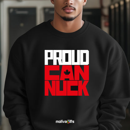 A man wearing a black sweatshirt featuring bold white and red typography that reads Proud Canuck