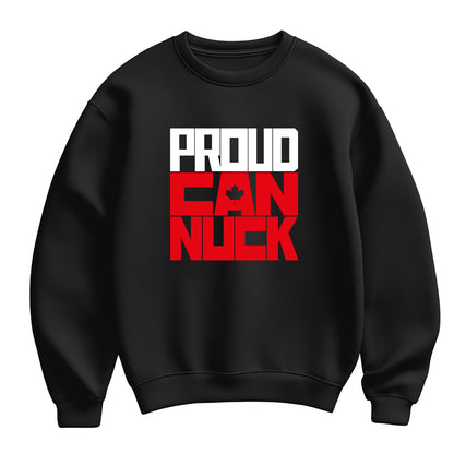 Black flat-lay sweatshirt featuring bold white and red typography that reads Proud Canuck