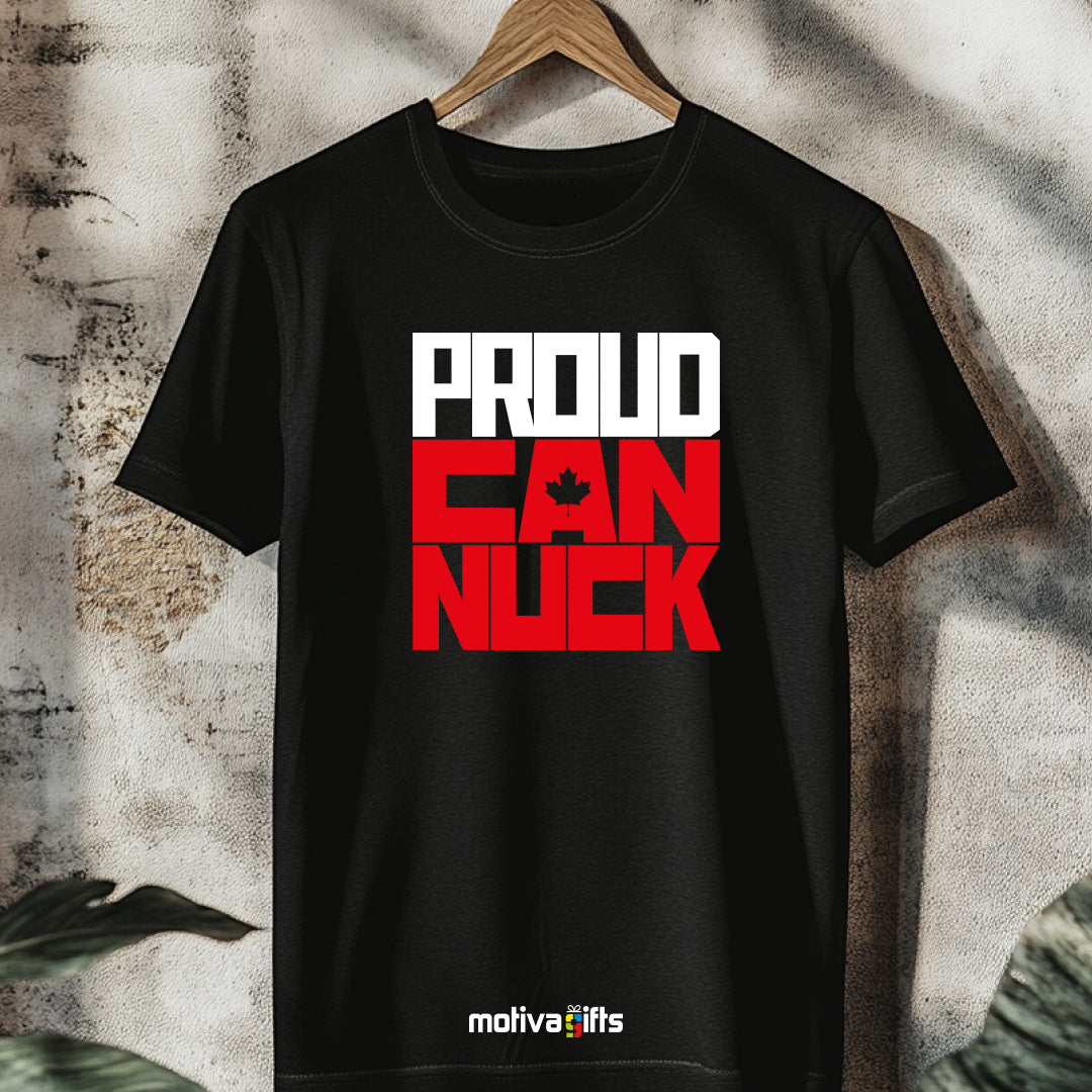 A hanging black T-shirt featuring bold white and red typography that reads Proud Canuck