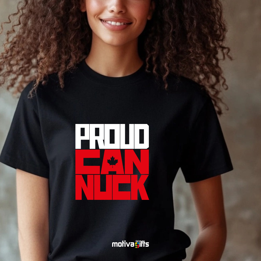 A woman wearing a black T-shirt featuring bold white and red typography that reads Proud Canuck