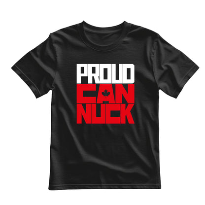 Black flat-lay T-shirt featuring white and red typography that reads Proud Canuck