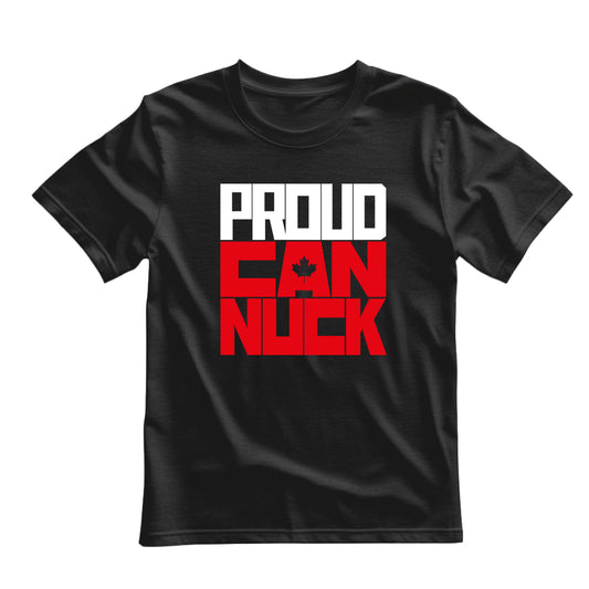 Black flat-lay T-shirt featuring white and red typography that reads Proud Canuck