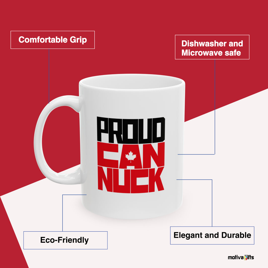 Proud Canuck11 oz Mug Benefits: comfortable grip, eco-friendly, dishwasher and microwave safe, elegant and durable. By Motiva Gifts.