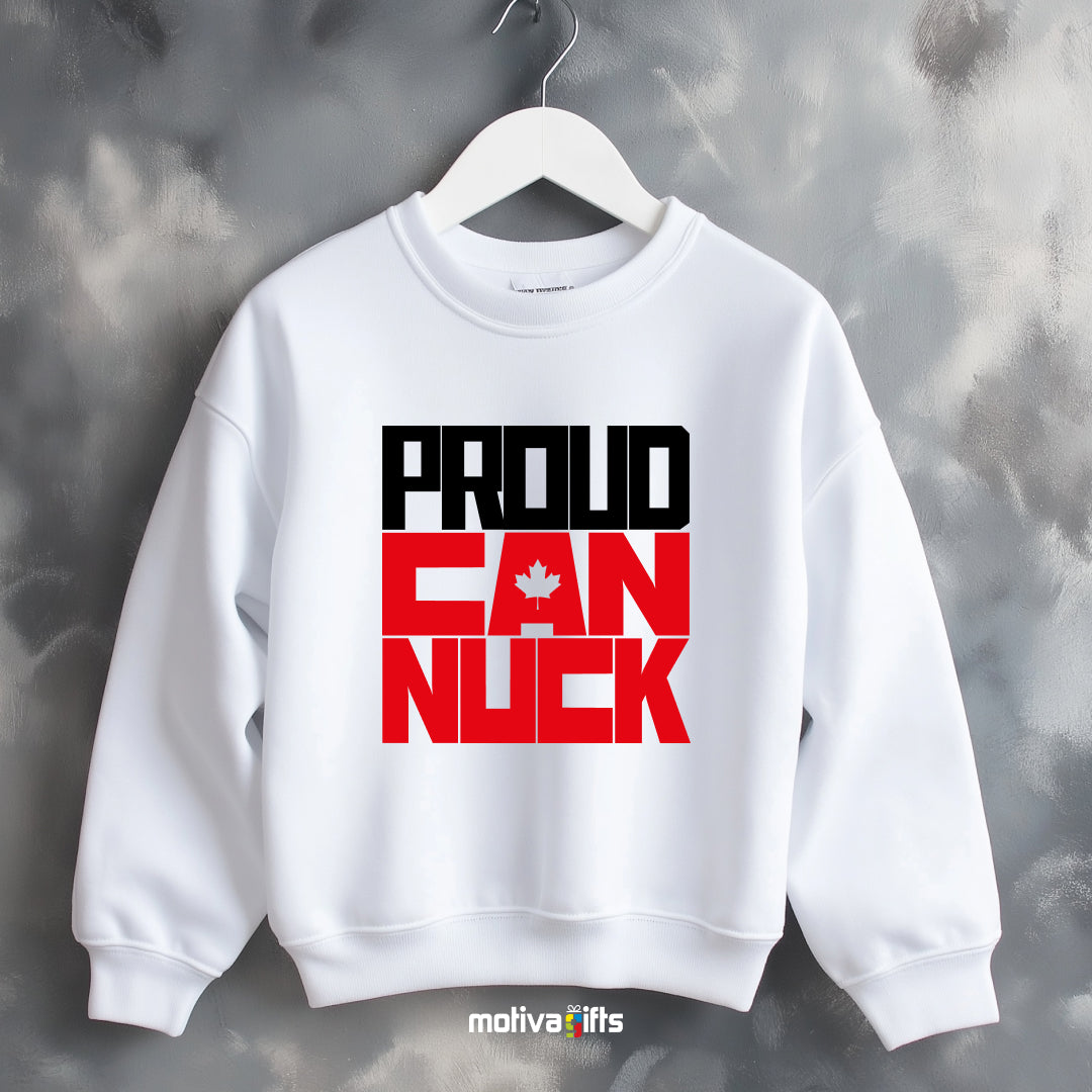 A hanging white sweatshirt featuring bold black and red typography that reads Proud Canuck