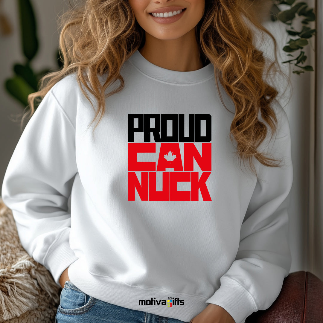 A woman wearing a white sweatshirt featuring bold black and red typography that reads Proud Canuck