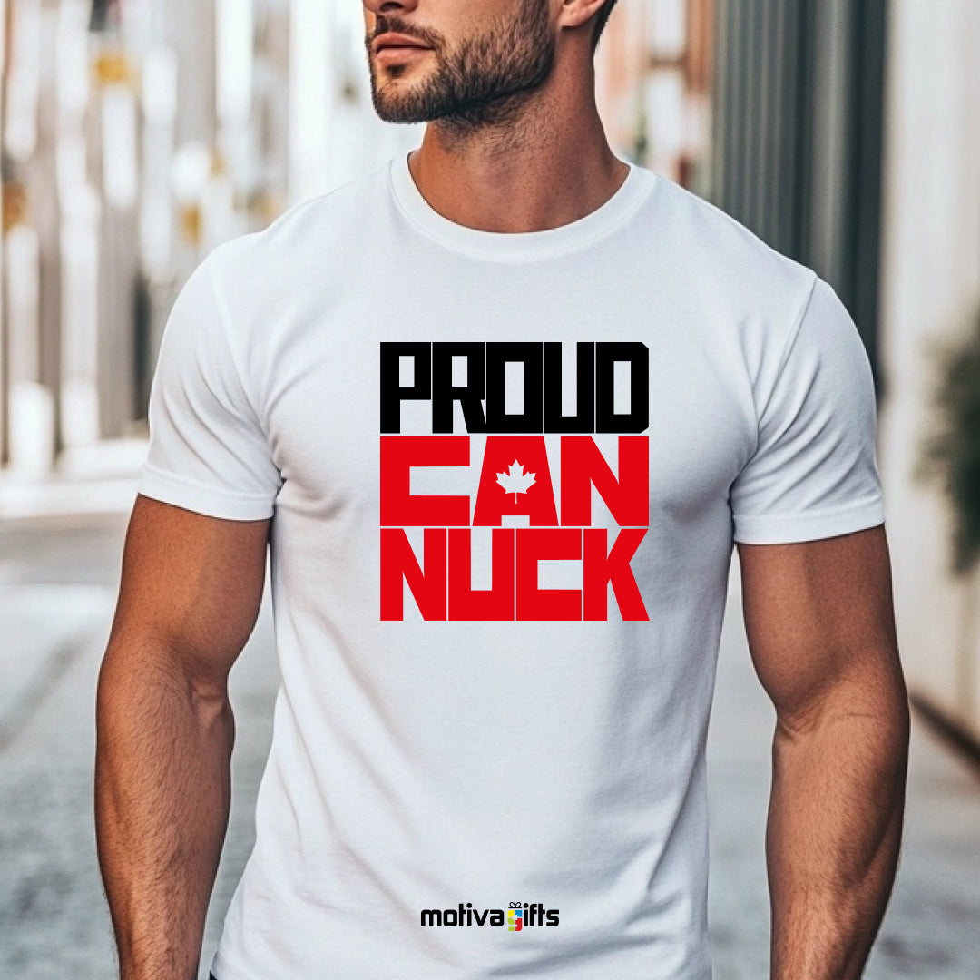 A man wearing a white T-shirt featuring bold white and red typography that reads Proud Canuck