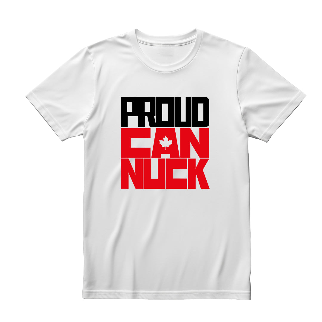 White flat-lay T-shirt featuring bold white and red typography that reads Proud Canuck