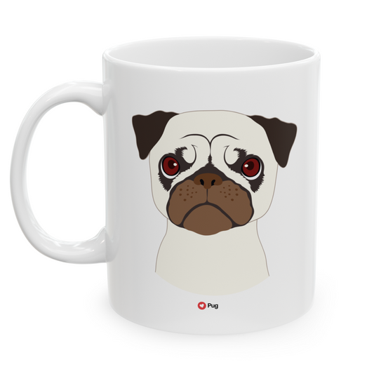 Left view white ceramic 11 oz mug featuring a drawing of a Pug Dog. Clean white background.