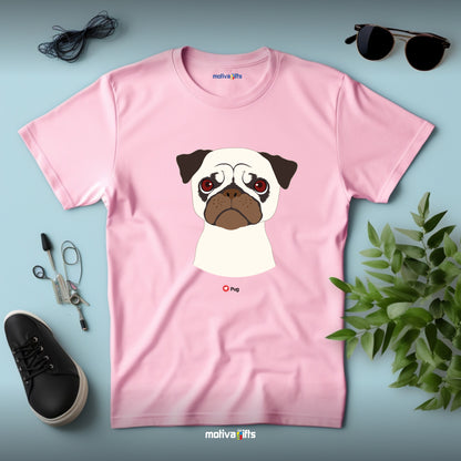 Flatlay, light pink tshirt with Pug design on the front, front view, by Motiva Gifts.