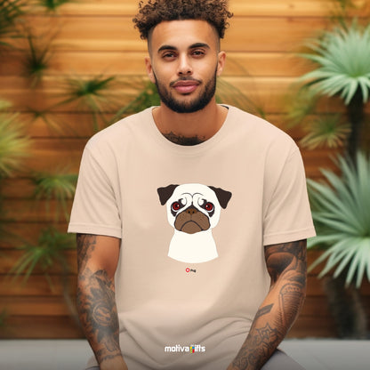 Man wearing sand tshirt with Pug design on the front, front view, by Motiva Gifts.