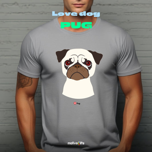 Man wearing sport gray tshirt with Pug design on the front, front view, by Motiva Gifts.