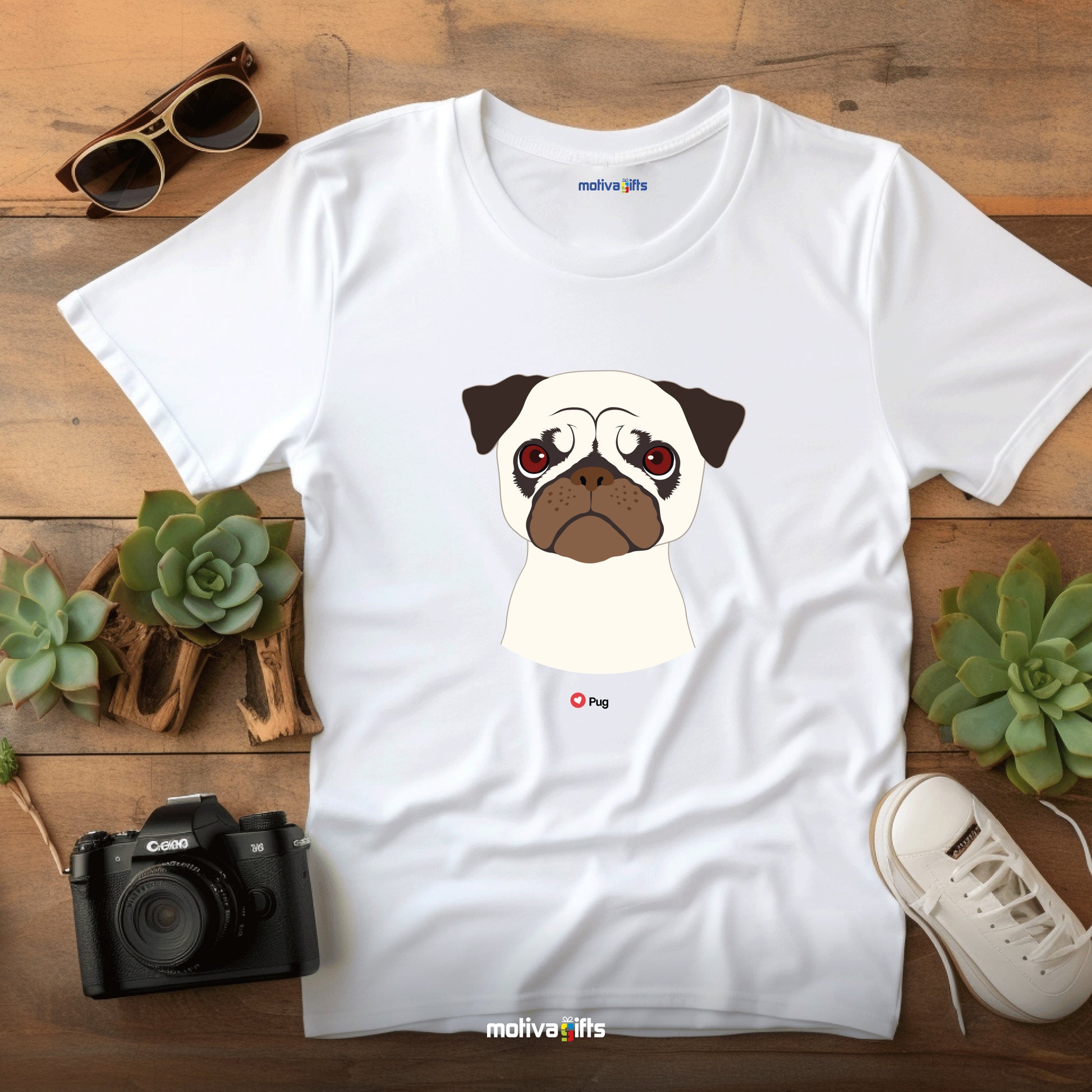 Flatlay, white tshirt with Pug design on the front, front view, by Motiva Gifts.