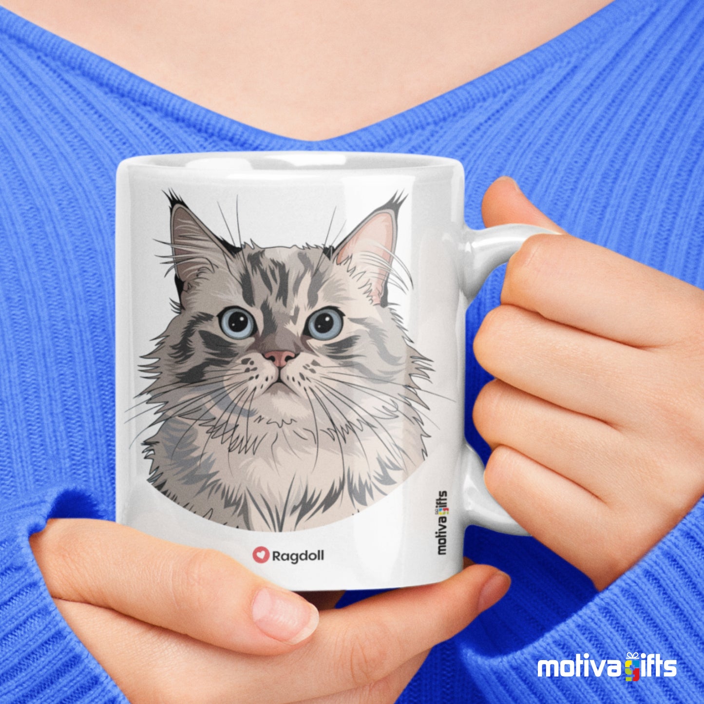 A woman holding a white 11oz ceramic mug featuring Ragdoll cat love art printed on both sides