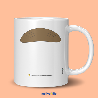 Right view of white coffee mug with gray mustache design inspired by Ned Flanders By Motiva Gifts