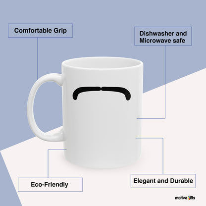 Ringo Starr Mustache Mug Benefits: comfortable grip, eco-friendly, dishwasher and microwave safe, elegant and durable. By Motiva Gifts.