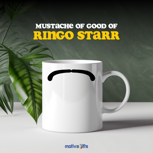  Front view of white coffee mug with black mustache inspired by Ringo Starr Bros by Motiva Gifts