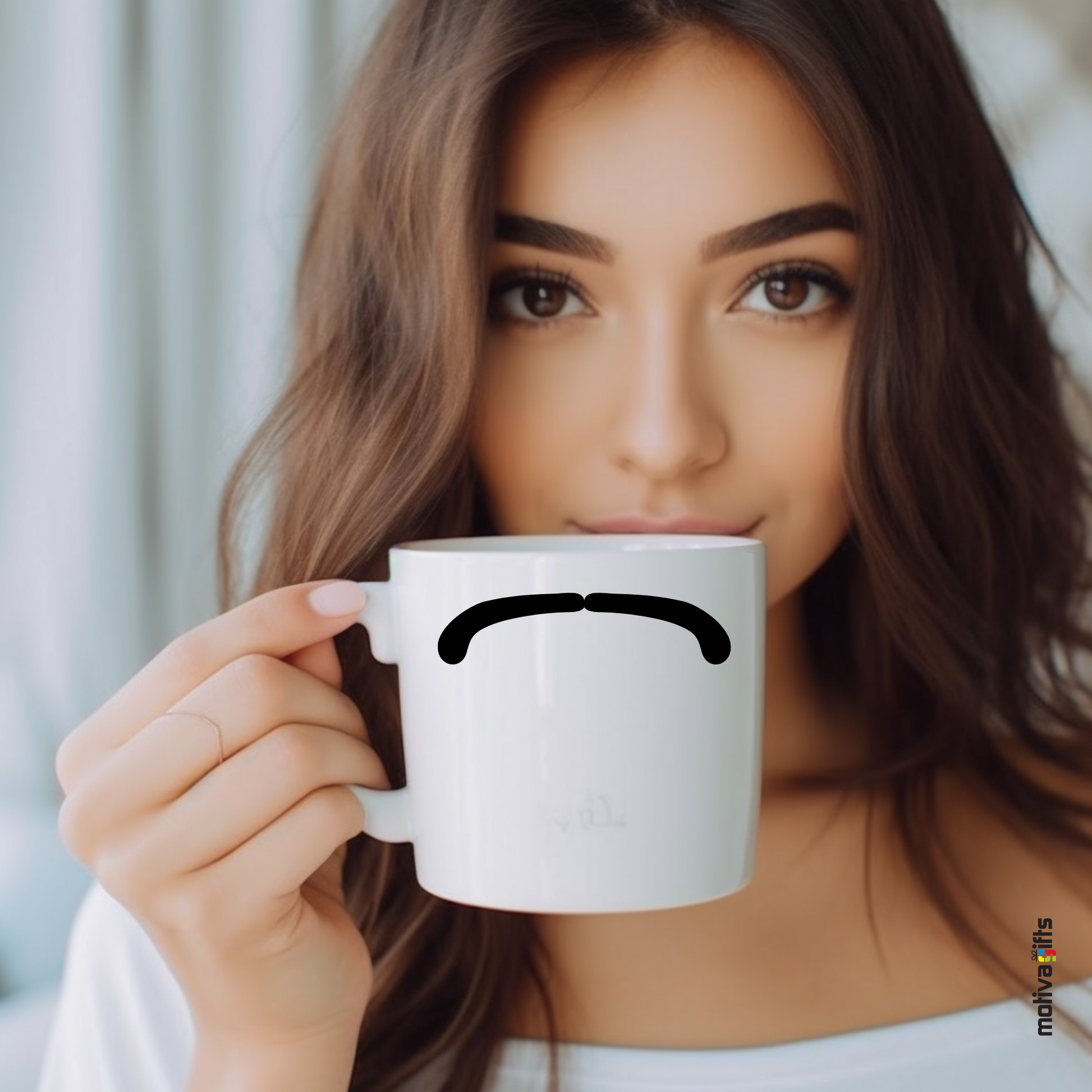 Woman holding a white coffee mug 11 oz mug white with black mustache design inspired by Ringo Starr By Motiva Gits