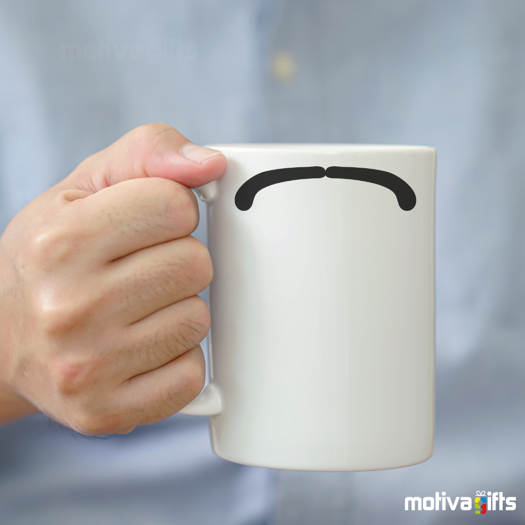 Man holding a white coffee mug 11 oz mug white with black mustache design inspired by Ringo Starr By Motiva Gifts 