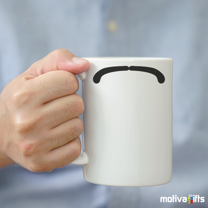 Man holding a white coffee mug 11 oz mug white with black mustache design inspired by Ringo Starr By Motiva Gifts 