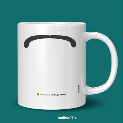 Right view of white coffee mug with black mustache design inspired by Ringo Starr By Motiva Gifts 