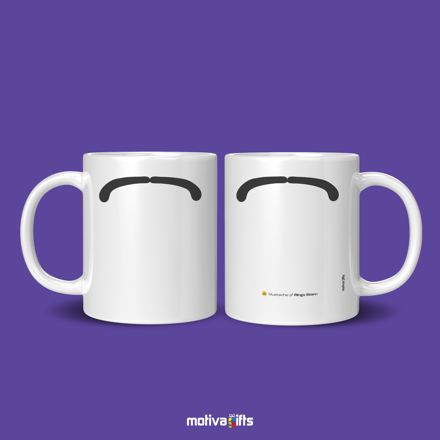 Front view with 2 white coffee mug with black mustache design inspired by Ringo Starr By Motiva Gifts 