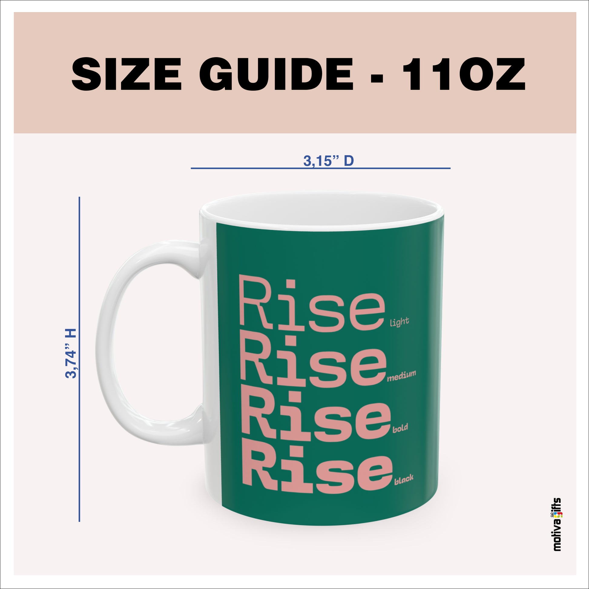 Size guide - 11 oz mug - 3.74H x3.15D